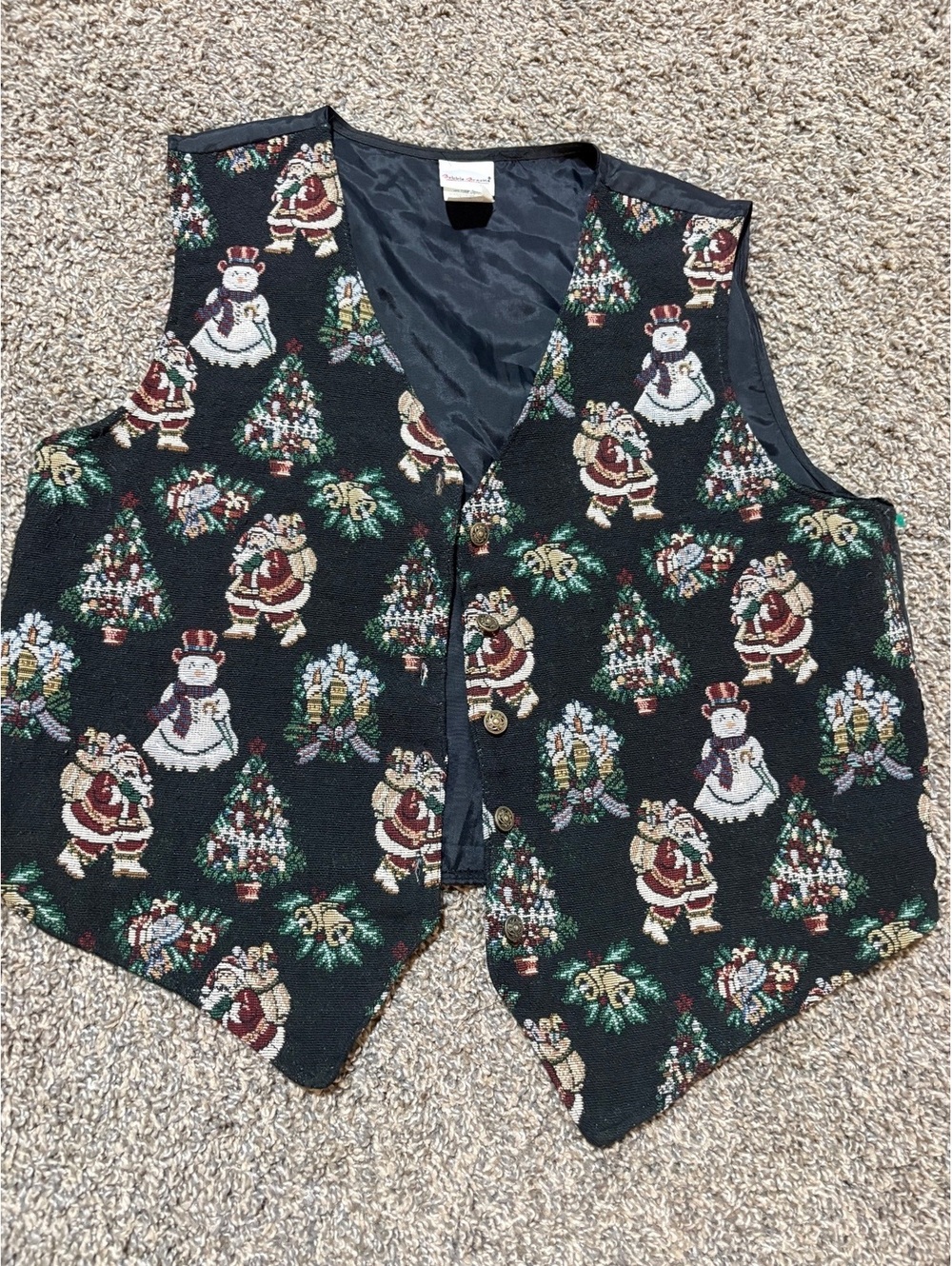 Vintage 90s Bobbie Brooks Christmas Tapestry Vest size L Santa Snowman